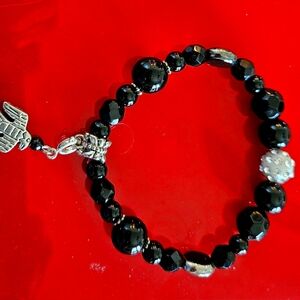 Black and Silver Beaded Bracelet with Charm